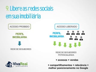9. Libere as redes sociais
em sua imobiliária
  ACESSO PROIBIDO             ACESSO LIBERADO


      PERFIL              PERFIL
    IMOBILIÁRIA         IMOBILIÁRIA



  REDE DE SEGUIDORES
                             REDE DE SEGUIDORES
                               POTENCIALIZADA

                             + acessos + vendas

                       + compartilhamentos + relevância >
                       melhor posicionamento no Google
 