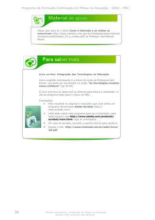 Programa de Formação Continuada em Mídias na Educação - SEED - MEC




              Clique aqui para ler o texto Como a televisão e as mídias se
              comunicam (http://www.webeduc.mec.gov.br/midiaseducacao/material/
              introdutorio/pdf/etapa3_TV_e_midias.pdf) do Professor José Manuel
              Moran.




               Livro on-line: Integração das Tecnologias na Educação

               Outra sugestão interessante é a leitura do texto da Professora Vani
               Kenski, que pode ser encontrado no artigo “As tecnologias invadem
               nosso cotidiano” (pp 92-94).

               O Livro encontra-se disponível na Internet para leitura e impressão, no
               site do programa Salto para o Futuro do MEC.

               Orientações:
                   • Para visualizar as páginas é necessário que você utilize um
                       programa denominado Adobe Acrobat (http://
                       www.acrobat.com/)
                   •     Você pode copiar esse programa para seu computador, para
                         tanto acesse o site http://www.adobe.com/products/
                         acrobat/main.htmle siga as orientações.
                   •     Em caso de dúvidas, consulte o suporte técnico para ajudá-lo.
                   •     Acesse o site: http://www.tvebrasil.com.br/salto/livro/
                         3sf.pdf




30                     Módulo Introdutório: Integração de Mídias na Educação
                               Material (PDF) produzido pelo NCE/USP
 