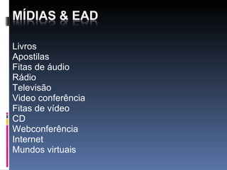 Livros Apostilas Fitas de áudio Rádio Televisão Video conferência Fitas de vídeo CD Webconferência Internet Mundos virtuais 