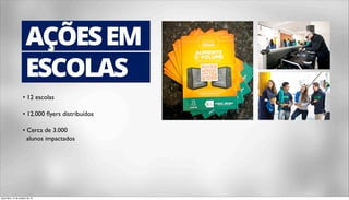 8 
AÇÕES EM 
ESCOLAS 
• 12 escolas 
• 12.000 flyers distribuídos 
• Cerca de 3.000 
alunos impactados 
terça-feira, 14 de outubro de 14 
 