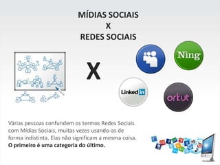 MÍDIAS SOCIAISXREDES SOCIAISXVárias pessoas confundem os termos Redes Sociais com Mídias Sociais, muitas vezes usando-as de forma indistinta. Elas não significam a mesma coisa. O primeiro é uma categoria do último.