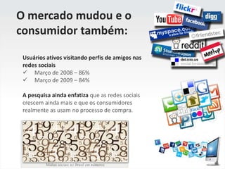      Março de 2009 – 51%O mercado mudou e o consumidor também:Usuários ativos criando perfis nas redes sociais     Março de 2008 – 74%