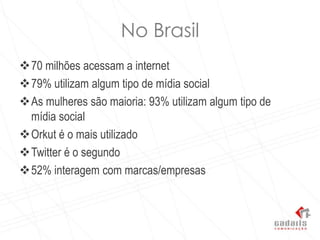 No Brasil70 milhões acessam a internet79% utilizam algum tipo de mídia socialAs mulheres são maioria: 93% utilizam algum tipo de mídia socialOrkut é o mais utilizadoTwitter é o segundo52% interagem com marcas/empresas