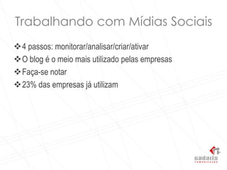 Trabalhando com Mídias Sociais4 passos: monitorar/analisar/criar/ativarO blog é o meio mais utilizado pelas empresasFaça-se notar23% das empresas já utilizam