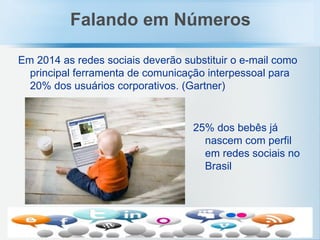 Em 2014 as redes sociais deverão substituir o e-mail como principal ferramenta de comunicação interpessoal para 20% dos usuários corporativos. (Gartner) Falando em Números 25% dos bebês já nascem com perfil em redes sociais no Brasil 