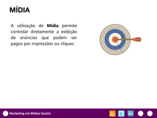 MÍDIA

A utilização de Mídia permite
controlar diretamente a exibição
de anúncios que podem ser
pagos por impressões ou cliques.




Marketing em Mídias Sociais
 