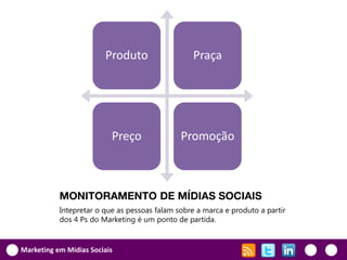 Produto                   Praça




                          Preço               Promoção



           MONITORAMENTO DE MÍDIAS SOCIAIS
           Intepretar o que as pessoas falam sobre a marca e produto a partir
           dos 4 Ps do Marketing é um ponto de partida.


Marketing em Mídias Sociais
 