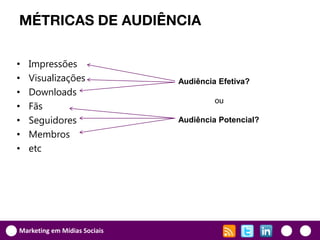 MÉTRICAS DE AUDIÊNCIA

•   Impressões
•   Visualizações             Audiência Efetiva?
•   Downloads
                                       ou
•   Fãs
•   Seguidores                Audiência Potencial?
•   Membros
•   etc




Marketing em Mídias Sociais
 