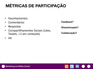 MÉTRICAS DE PARTICIPAÇÃO

• Favoritamentos
• Comentários                         Feedback?

• Respostas                           Disseminação?
• Compartilhamentos Sociais (Likes,
  Tweets, +1 em conteúdo)             Colaboração?

• etc




Marketing em Mídias Sociais
 