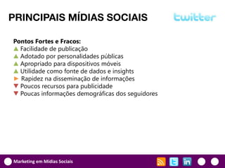 PRINCIPAIS MÍDIAS SOCIAIS

Pontos Fortes e Fracos:
▲ Facilidade de publicação
▲ Adotado por personalidades públicas
▲ Apropriado para dispositivos móveis
▲ Utilidade como fonte de dados e insights
► Rapidez na disseminação de informações
▼ Poucos recursos para publicidade
▼ Poucas informações demográficas dos seguidores




Marketing em Mídias Sociais
 