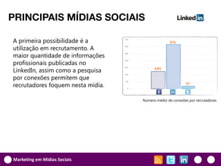 PRINCIPAIS MÍDIAS SOCIAIS

A primeira possibilidade é a
utilização em recrutamento. A
maior quantidade de informações
profissionais publicadas no
LinkedIn, assim como a pesquisa
por conexões permitem que
recrutadores foquem nesta mídia.

                                   Número médio de conexões por recrutadores




Marketing em Mídias Sociais
 