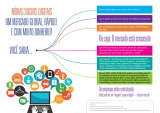 MÍDIAS SOCIAIS DIGITAIS 
UM MERCADO GLOBAL, RÁPIDO 
E COM MUITO DINHEIRO! 
VOCÊ SABIA... 1 Que a Amazon ganha, por minuto, 83 mil dólares? 
1 
Que o Spotify já conta com mais de 10 milhões de assinantes? 
Que uma blogueira no Brasil chega a ganhar R$500.000,00 
por mês? 
2 
Ou seja: O mercado está crescendo 
Que 70% das empresas brasileiras afirmaram utilizar e/ou 
monitorar Mídias Sociais (e 85% dos que não utilizam 
afirmaram que iriam iniciar nos próximos 3 anos)? 
3 
Que, segundo o site AOL Jobs, em 2014, 6 profissões ligadas às 
mídias sociais cresceriam? São elas: blogueiros, coordenadores de 
marketing em mídias sociais, gerentes de marketing em mídias 
sociais, mediadores de comunidades online, estrategistas de mídias 
sociais e especialistas em SEO (Search Engine Optimization). 
4 
Que, em 2013, a Folha de São Paulo publicou uma matéria sobre as 
20 profissões do futuro, de acordo com a empresa de tendências 
Sparks & Honey? Algumas delas: curador digital, administrador de 
morte digital, especialista em desintoxicação digital, especialista em 
crowdfunding, consultor de carreiras via Skype e agende de memes. 
5 
As empresas estão contratando 
Você pode ter um “negócio” próprio digital – e lucrar com ele 
1 Fonte: Domo (Data Never Sleeps) 2013 
2 Fonte: FHits 
3 Dados da Pesquisa “Mídias Sociais nas empresas”, feita pela Deloitte em 2010 
4 http://jobs.aol.com/articles/2014/01/13/6-social-media-jobs-that-will-be-big-in-2014/ 
5 http://classificados.folha.uol.com.br/empregos/2013/09/1342650-empresa-de-tendencias-indica-quais-serao-as-20-profissoes-do-futuro.shtml 
C 
M 
Y 
CM 
MY 
CY 
CMY 
K 
 