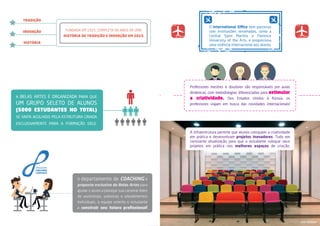 TRADIÇÃO 
INOVAÇÃO 
HISTÓRIA 
FUNDADA EM 1925, COMPLETA 90 ANOS DE UMA 
HISTÓRIA DE TRADIÇÃO E INOVAÇÃO EM 2015. 
A BELAS ARTES É ORGANIZADA PARA QUE 
UM GRUPO SELETO DE ALUNOS 
(5000 ESTUDANTES NO TOTAL) 
SE SINTA ACOLHIDO PELA ESTRUTURA CRIADA 
EXCLUSIVAMENTE PARA A FORMAÇÃO DELE. 
O departamento de COACHING é 
proposta exclusiva da Belas Artes para 
ajudar o aluno a planejar sua carreira! Além 
de workshops, palestras e atendimentos 
individuais, a equipe orienta o estudante 
a construir seu futuro profissional! 
Professores mestres e doutores são responsáveis por aulas 
dinâmicas, com metodologias diferenciadas para estimular 
a criatividade. Dos Estados Unidos à Rússia, os 
professores viajam em busca das novidades internacionais! 
A infraestrutura permite que alunos coloquem a criatividade 
em prática e desenvolvam projetos inovadores. Tudo em 
constante atualização para que o estudante coloque seus 
projetos em prática nos melhores espaços de criação. 
sala stadium 
C 
M 
Y 
CM 
MY 
CY 
CMY 
K 
 