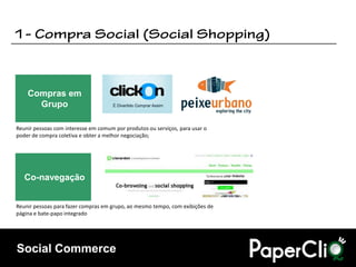 Compras em
      Grupo

Reunir pessoas com interesse em comum por produtos ou serviços, para usar o
poder de compra coletiva e obter a melhor negociação;




   Co-navegação


Reunir pessoas para fazer compras em grupo, ao mesmo tempo, com exibições de
página e bate-papo integrado




Social Commerce
 