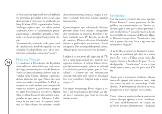 A Procuradoria Regional Eleitoral da Bahia     descontraidamente, em casa, chegou a apa- Nordestisto
     foi procurada para falar sobre o caso, que     recer comendo biscoitos durante algumas Um dia após o veredicto das urnas apontar
     desconhecia. Conforme foi publicado no         transmissões.                                Dilma Rousseff como presidente da Re-
     blog #eleicoes2010, o procurador Sidney                                                     pública, as comemorações no Twitter ce-
     Madruga explicou que os vídeos seriam          Quem imaginou que a derrota de Plínio no deram lugar a uma guerra entre paulistas e
     analisados. Caso se caracterizasse propa-      primeiro turno fosse afastar o octagenário anti-nordestinos. A discussão nasceu de um
     ganda ilegal, o candidato poderia ser mul-     dos streamings se enganou. Durante o de- tweet infeliz da estudante de Direito, Maya-
     tado e até ficar inelegível na próxima elei-   bate realizado pela TV Record, no dia 25 ra Petruso, em que dizia: “Nordestisto (sic)
     ção.                                           de outubro, Plínio enfrentou dificuldades não é gente, faça um favor a Sp, mate um
     No mesmo dia, ao fim da tarde, tanto canal     técnicas e pediu ajuda aos tuiteiros. “Estou nordestino afogado!”.
     do candidato no YouTube quando seu site        em apuros. Não consigo falar com Luciana.
     oficial já não dispunham dos vídeos insti-     Alguém pode me assessorar via Twitter?”. A ira de Mayara contra os brasileiros daque-
     tucionais assinados com o seu “apoio”.                                                       la região se justificava pelo fato de a maior
                                                    Luciana é a assessora de imprensa de Plí-     parte dos votos a Dilma terem vindo das
     Plínio na Twitcam                              nio e seria responsável por ajudá-lo nos      regiões Norte e Nordeste do pais. O erro
74   O candidato à Presidência da República         aspectos técnicos. A tuiteira Cássia Mene-    de digitação - “nordestisto” - caracterizou
     mais velho no páreo foi o que mais usou,       gaz (@cassiamenegaz) explicou ao então já     ainda mais o tweet, que foi parar nos TTs
     de longe, o streaming ao vivo da Twitcam.      ex-candidato o passo a passo para o “bro-     Br.
     Plínio de Arruda Sampaio iniciou suas ati-     adcast”: “1-Entrar no site twitcam.com
     vidades neste formato durante o primeiro       2-clicar em Login with twitter to BroadcastAssim que a mensagem viralizou, Mayara
     debate eleitoral, em que Plínio não teria      live (em vermelho) 3-digitar login e senha tratou de apagar não apenas o tweet, mas
     sido convidado. O candidato do PSol en-        (segue)...”.                               sua conta na rede de microblogs. Tarde
     controu no meio online uma maneira de                                                     demais. O printscreen já circulava na rede,
     suprir sua ausência e, conforme as pergun-     Em alguns streamings, Plínio chegou a so- para provar e não esquecer do ocorrido.
     tas eram direcionadas a José Serra, Marina     mar 7 mil visualizações, provando que ida-
     Silva e Dilma Rousseff, ele também as res-     de não é sinônimo para ficar de fora das Entre críticas e apoios (embora muito mais
     pondia, só que para os followers. A dife-      mídias sociais.                            críticas do que apoios), o case “nordestis-
     rença ficava por conta do aspecto infor-                                                     to” teve desdobramentos na criação do
     mal de Plínio diante da webcam: vestido                                                      perfil de Twitter @Nordestisto - dedicado
 