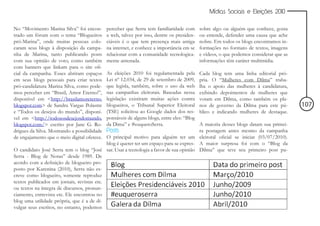 Mídias Sociais e Eleições 2010


No “Movimento Marina Silva” foi encon-        perceber que Serra tem familiaridade com      sobre algo ou alguém que conhece, gosta
trado um fórum com o tema “Blogueiros         a web, talvez por isso, dentre os presiden-   ou entende, defender uma causa que ache
pró-Marina”, onde muitas pessoas colo-        ciáveis é o que tem presença mais antiga      nobre. Em todos os blogs encontramos in-
caram seus blogs à disposição da campa-       na internet, e conhece a importância em se    formações no formato de textos, imagens
nha de Marina, tanto publicando posts         relacionar com a comunidade tecnologica-      e vídeos, o que podemos considerar que as
com sua opinião de voto, como também          mente antenada.                               informações têm caráter multimídia.
com banners que linkam para o site ofi-
cial da campanha. Esses abriram espaços     As eleições 2010 foi regulamentada pela         Cada blog tem uma linha editorial pró-
em seus blogs pessoais para criar textos    Lei nº 12.034, de 29 de setembro de 2009,       pria. O “Mulheres com Dilma” traba-
pró-candidatura Marina Silva, como pode-    que legisla, também, sobre o uso da web         lha o apoio das mulheres à candidatura,
mos perceber em “Brasil, Amor Eterno!”,     nas campanhas eleitorais. Baseadas nessa        exibindo depoimentos de mulheres que
disponível em <http://brasilamoreterno.     legislação existiram muitas ações contra        votam em Dilma, como também os pla-
blogspot.com> de Sandra Vargas Polastre     blogueiros, o Tribunal Superior Eleitoral       nos de governo da Dilma para este pú-        107
e “Todos os desejos do mundo”, disponí-     (TSE) solicitou ao Google dados dos res-        blico e indicando mulheres de destaque.
vel em <http://todososdesejosdomundo.       ponsáveis de alguns blogs, entre eles: “Blog
blogspot.com/> escrito por Jane G. Ro-      da Dima” e #euqueroSerra.                       A maioria desses blogs datam sua primei-
drigues da Silva. Mostrando a possibilidade Posts                                           ra postagem antes mesmo da campanha
de engajamento que o meio digital oferece.  O principal motivo para alguém ter um           eleitoral oficial se iniciar (03/07/2010).
                                            blog é querer ter um espaço para se expres-     A maior surpresa foi com o “Blog da
O candidato José Serra tem o blog “José sar. Usar a tecnologia a favor de sua opinião       Dilma” que teve seu primeiro post pu-
Serra - Blog de Notas” desde 1989. De
acordo com a definição de blogueiro pro-
posto por Karenina (2010), Serra não es-
creve como blogueiro, somente reproduz
textos publicados em jornais, revistas etc.
ou textos na íntegra de discursos, pronun-
ciamento, entrevista etc. Ele encontrou no
blog uma utilidade própria, que é a de di-
vulgar seus escritos, no entanto, podemos
 