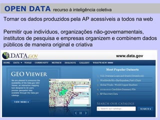 Salvador, 13-14 out 2011 OPEN DATA  recurso à inteligência coletiva Tornar os dados   produzidos   pela AP acessíveis a todos na   web Permitir que indivíduos, organizações não-governamentais, institutos de pesquisa e empresas organizem e combinem dados públicos de maneira original e criativa www.data.gov 