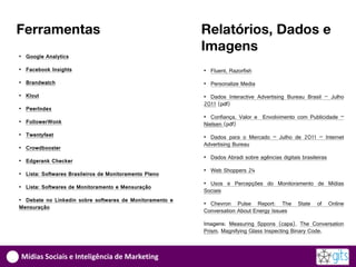 Ferramentas                                               Relatórios, Dados e
                                                          Imagens
• Google Analytics

• Facebook Insights                                       • Fluent, Razorfish

• Brandwatch                                              • Personalize Media

• Klout                                                   • Dados Interactive Advertising Bureau Brasil – Julho
                                                          2011 (pdf)
• PeerIndex
                                                          • Confiança, Valor e Envolvimento com Publicidade –
• FollowerWonk                                            Nielsen (pdf)
• Twentyfeet                                              • Dados para o Mercado – Julho de 2011 – Internet
                                                          Advertising Bureau
• Crowdbooster
                                                          • Dados Abradi sobre agências digitais brasileiras
• Edgerank Checker
                                                          • Web Shoppers 24
• Lista: Softwares Brasileiros de Monitoramento Pleno
                                                          • Usos e Percepções do Monitoramento de Mídias
• Lista: Softwares de Monitoramento e Mensuração
                                                          Sociais
• Debate no Linkedin sobre softwares de Monitoramento e
                                                          • Chevron Pulse Report: The           State   of     Online
Mensuração
                                                          Conversation About Energy Issues

                                                          Imagens: Measuring Sppons (capa), The Conversation
                                                          Prism, Magnifying Glass Inspecting Binary Code,



Mídias Sociais e Inteligência de Marketing
 