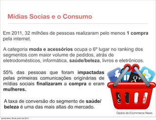 Mídias Socias e o Consumo

  Em 2011, 32 milhões de pessoas realizaram pelo menos 1 compra
  pela internet.

  A categoria moda e acessórios ocupa o 6º lugar no ranking dos
  segmentos com maior volume de pedidos, atrás de
  eletrodomésticos, informática, saúde/beleza, livros e eletrônicos.

  55% das pessoas que foram impactadas
  pelas primeiras comunicações originárias de
  mídias sociais finalizaram a compra e eram
  mulheres.

   A taxa de conversão do segmento de saúde/
   beleza é uma das mais altas do mercado.
                                                       Dados da Ecommerce News
quinta-feira, 28 de junho de 2012
 
