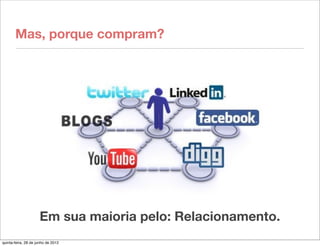 Mas, porque compram?




                     Em sua maioria pelo: Relacionamento.
quinta-feira, 28 de junho de 2012
 