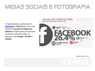  Segundo pesquisa publicada pela
Shareaholic, o Pinterest tem sido muito
eficiente na geração de tráfego para
websites de organizações (em particular
do Varejo), superando mídias de
destaque, como Google+, YouTube e
Linkedin.




                                          Fonte: Infographic Labs
 