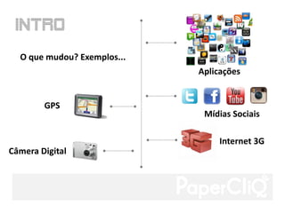 O que mudou? Exemplos...
                             Aplicações


        GPS
                              Mídias Sociais

                                  Internet 3G
Câmera Digital
 