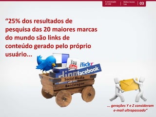 03A comunicação em redeMídias Sociais Talk“25% dos resultados de pesquisa das 20 maiores marcas do mundo são links de conteúdo gerado pelo próprio usuário...... gerações Y e Z consideram e-mail ultrapassado”