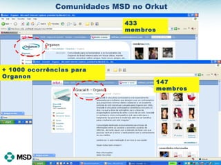 Comunidades MSD no Orkut 433 membros 147 membros + 1000 ocorrências para Organon 