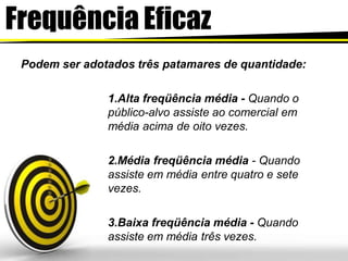 Frequência Eficaz
Podem ser adotados três patamares de quantidade:
1.Alta freqüência média - Quando o
público-alvo assiste ao comercial em
média acima de oito vezes.
2.Média freqüência média - Quando
assiste em média entre quatro e sete
vezes.
3.Baixa freqüência média - Quando
assiste em média três vezes.
 