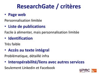 • Page web
Personnalisation limitée
• Liste de publications
Facile à alimenter, mais personnalisation limitée
• Identification
Très faible
• Accès au texte intégral
Téléchargement sur RG ou lien vers sites tiers
• Interopérabilité/liens avec autres services
Seulement Linkedin, Facebook et Google
ResearchGate / critères
 