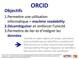 Pb ResearcherID :
Conditions d’utilisation
Source : commentaire à : Impactstory. Ten things you need to know
about ORCID right now. Impactstory blog. 10 avril 2014. Disponible
sur : < http://blog.impactstory.org/ten-things-you-need-to-know-
about-orcid-right-now/ > (consulté le 17 décembre 2014)
 
