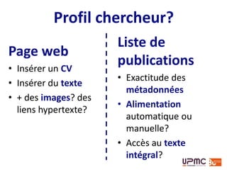 Profil chercheur?
Page web
• Insérer un CV
• Insérer du texte
• + des images? des
liens hypertexte?
Liste de
publications
• Exactitude des
métadonnées
• Alimentation
automatique ou
manuelle?
• Accès au texte
intégral?
 