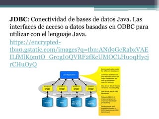 JDBC: Conectividad de bases de datos Java. Las
interfaces de acceso a datos basadas en ODBC para
utilizar con el lenguaje Java.
https://encrypted-
tbn0.gstatic.com/images?q=tbn:ANd9GcRabxVAE
ILfMlK9mtO_GrogI0QVRF2fKcUMOCLHuoqHycj
rCHuOyQ
 