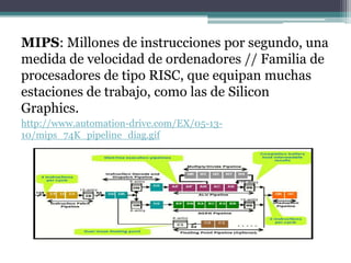 MIPS: Millones de instrucciones por segundo, una
medida de velocidad de ordenadores // Familia de
procesadores de tipo RISC, que equipan muchas
estaciones de trabajo, como las de Silicon
Graphics.
http://www.automation-drive.com/EX/05-13-
10/mips_74K_pipeline_diag.gif
 