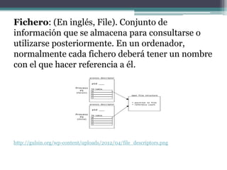 Fichero: (En inglés, File). Conjunto de
información que se almacena para consultarse o
utilizarse posteriormente. En un ordenador,
normalmente cada fichero deberá tener un nombre
con el que hacer referencia a él.




http://gulsin.org/wp-content/uploads/2012/04/file_descriptors.png
 
