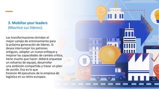 Las transformaciones brindan el
mejor campo de entrenamiento para
la próxima generación de líderes. Si
desea interrumpir los patrones
antiguos, adoptar un nuevo enfoque y
mejorar las capacidades de cambio crítico,
tiene mucho que hacer: deberá orquestar
un esfuerzo de equipo, desarrollar
una ambición compartida y trazar un plan
de acción. Eso es lo que
hicieron 40 ejecutivos de la empresa de
logística en su retiro europeo.
3. Mobilize your leaders
(Movilice sus líderes):
 