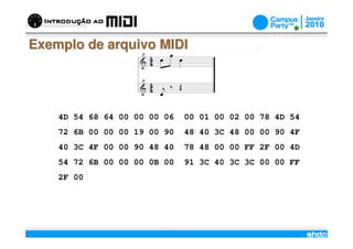 Exemplo de arquivo MIDI




    4D 54 68 64 00 00 00 06       00 01 00 02 00 78 4D 54
    72 6B 00 00 00 19 00 90       48 40 3C 48 00 00 90 4F
    40 3C 4F 00 00 90 48 40       78 48 00 00 FF 2F 00 4D
    54 72 6B 00 00 00 0B 00       91 3C 40 3C 3C 00 00 FF
    2F 00




                              /
 