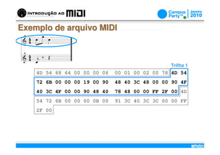 Exemplo de arquivo MIDI



                                                   Trilha 1
    4D 54 68 64 00 00 00 06       00 01 00 02 00 78 4D 54
    72 6B 00 00 00 19 00 90       48 40 3C 48 00 00 90 4F
    40 3C 4F 00 00 90 48 40       78 48 00 00 FF 2F 00 4D
    54 72 6B 00 00 00 0B 00       91 3C 40 3C 3C 00 00 FF
    2F 00




                              /
 