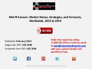 Mid IR Sensors: Market Shares, Strategies, and Forecasts,
Worldwide, 2013 to 2019

Published: February 2014
Single User PDF: US$ 2500
Corporate User PDF: US$ 3500

Order this report by calling
+1 888 391 5441 or Send an email
to sales@reportsandreports.com
with your contact details and
questions if any.

© ReportsnReports.com / Contact sales@reportsandreports.com

1

 