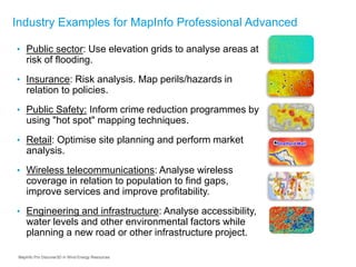 Industry Examples for MapInfo Professional Advanced
• Public sector: Use elevation grids to analyse areas at
risk of flooding.
• Insurance: Risk analysis. Map perils/hazards in
relation to policies.
• Public Safety: Inform crime reduction programmes by
using "hot spot" mapping techniques.
• Retail: Optimise site planning and perform market
analysis.
• Wireless telecommunications: Analyse wireless
coverage in relation to population to find gaps,
improve services and improve profitability.
• Engineering and infrastructure: Analyse accessibility,
water levels and other environmental factors while
planning a new road or other infrastructure project.
MapInfo Pro Discover3D in Wind Energy Resources
 