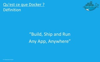 10 | Présentation Docker
Qu'est ce que Docker ?
Définition
“Build, Ship and Run
Any App, Anywhere”
 