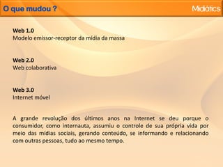 O que mudou ?Web 1.0Modelo emissor-receptor da mídia da massaWeb 2.0Web colaborativaWeb 3.0Internet móvelA granderevolução dos últimosanosna Internet se deu porque o consumidor, como internauta, assumiu o controle de sua própria vida por meio das mídias sociais, gerando conteúdo, se informando e relacionando com outras pessoas, tudo ao mesmo tempo.