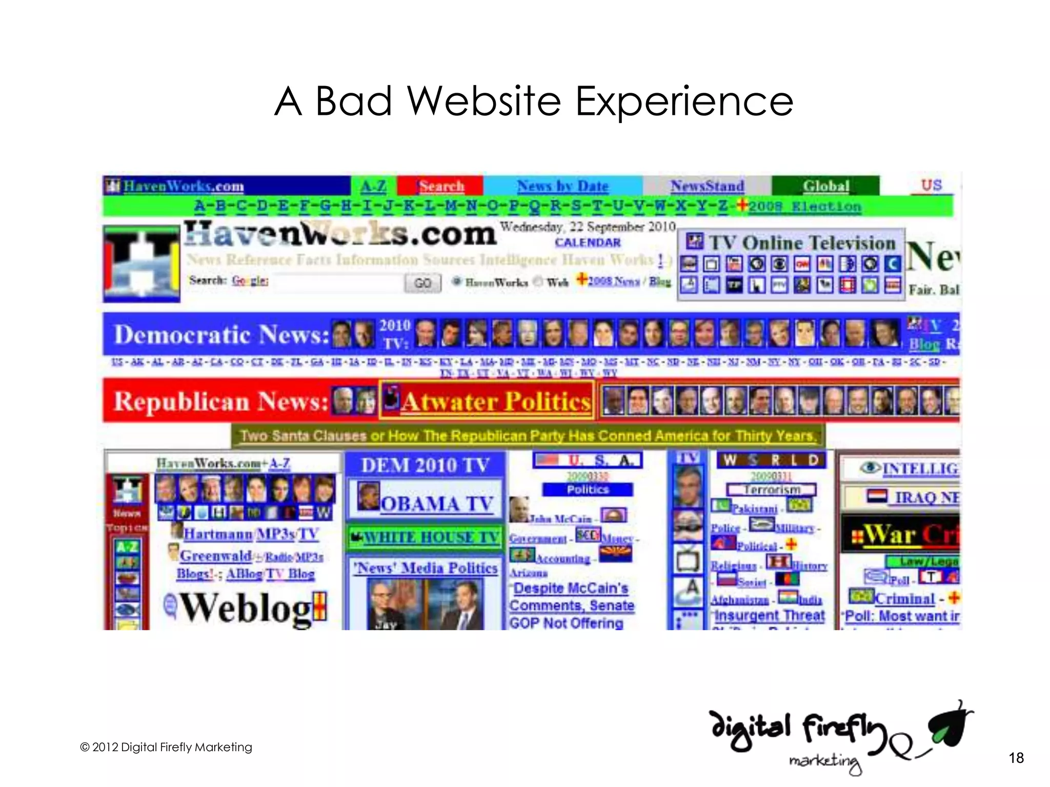 A Bad Website Experience




© 2012 Digital Firefly Marketing
                                                              18
 
