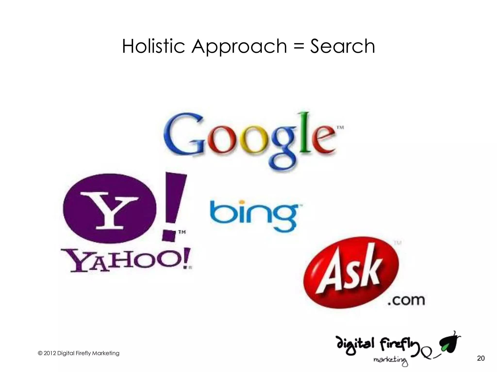Holistic Approach = Search




© 2012 Digital Firefly Marketing
                                                                20
 