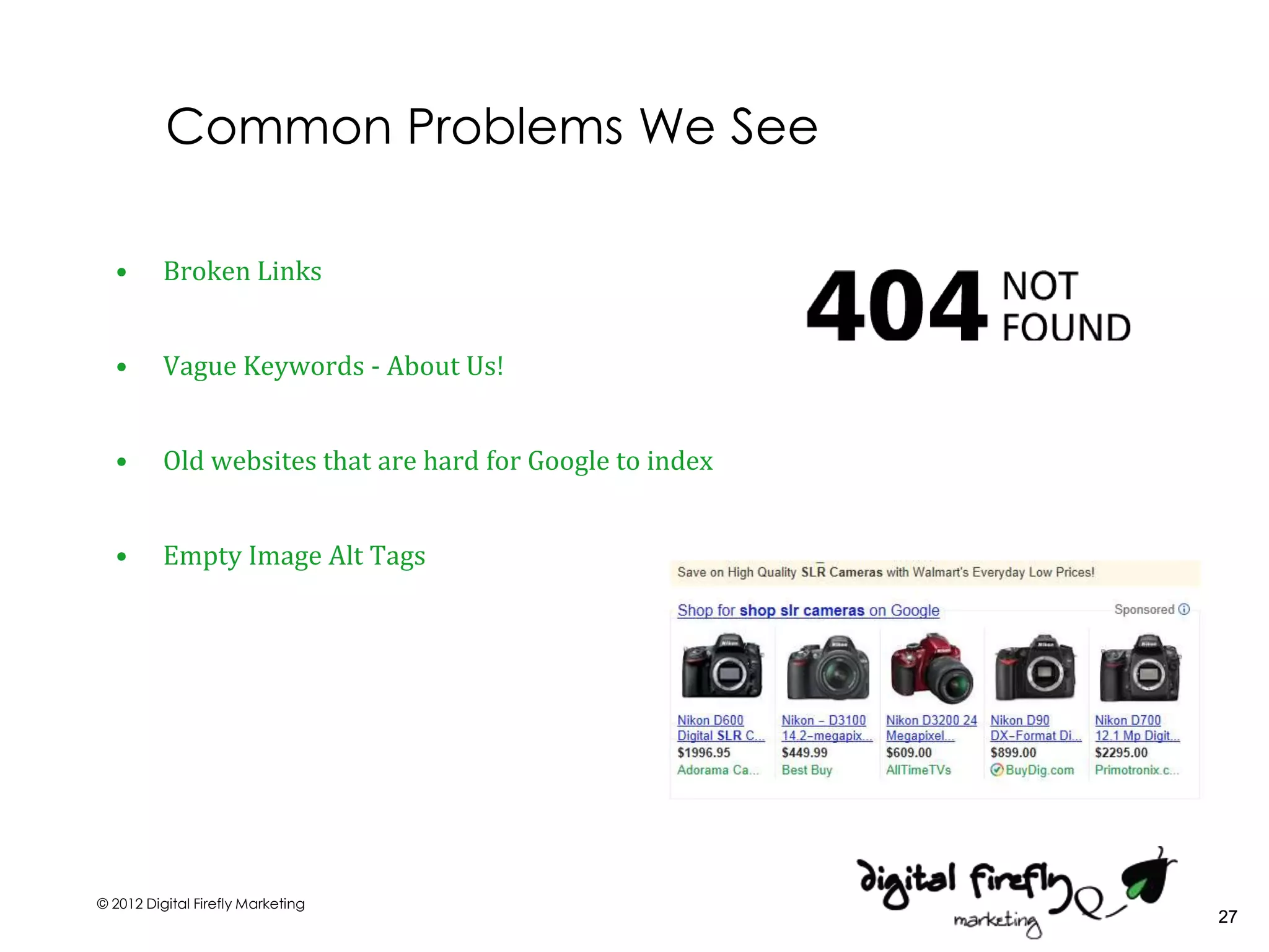 Common Problems We See

  •       Broken Links


  •       Vague Keywords - About Us!


  •       Old websites that are hard for Google to index


  •       Empty Image Alt Tags




© 2012 Digital Firefly Marketing
                                                           27
 