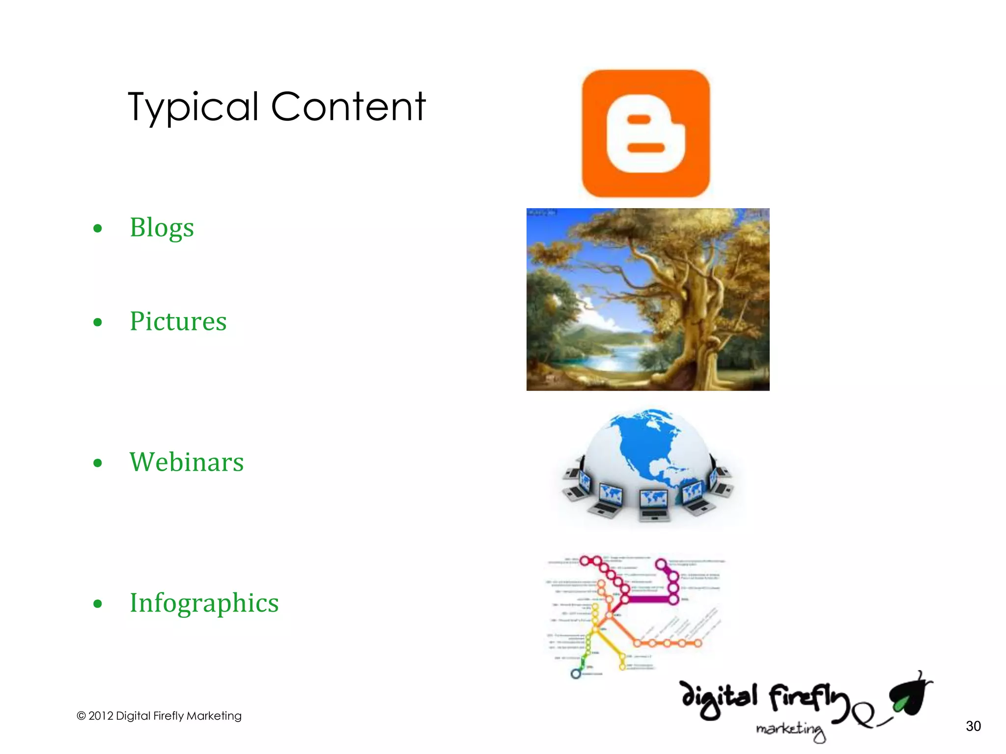 Typical Content

  • Blogs


  • Pictures




  • Webinars




  • Infographics


© 2012 Digital Firefly Marketing
                                   30
 