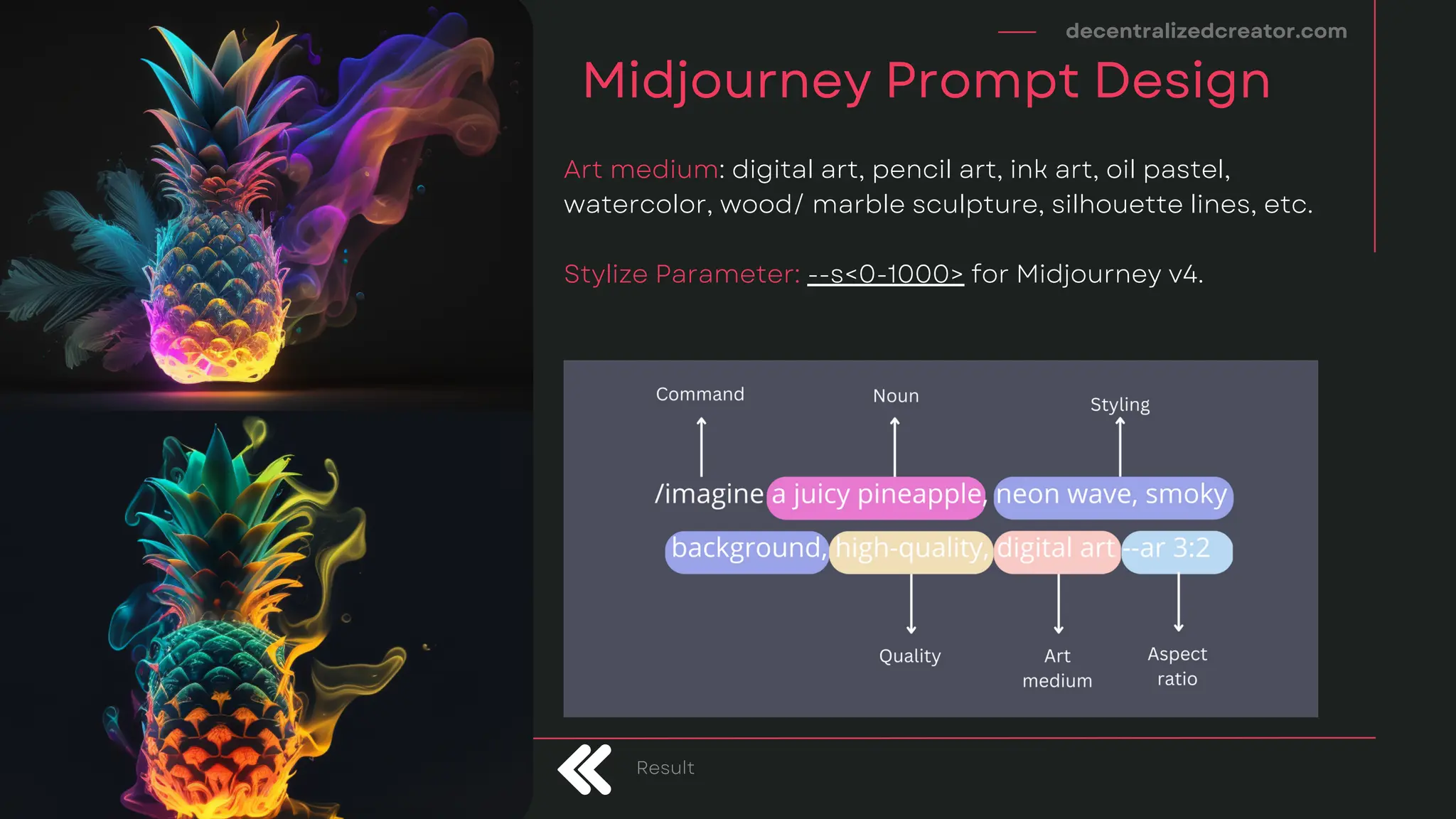 decentralizedcreator.com
Midjourney Prompt Design
Result
Art medium: digital art, pencil art, ink art, oil pastel,
watercolor, wood/ marble sculpture, silhouette lines, etc.
Stylize Parameter: --s<0-1000> for Midjourney v4.
 