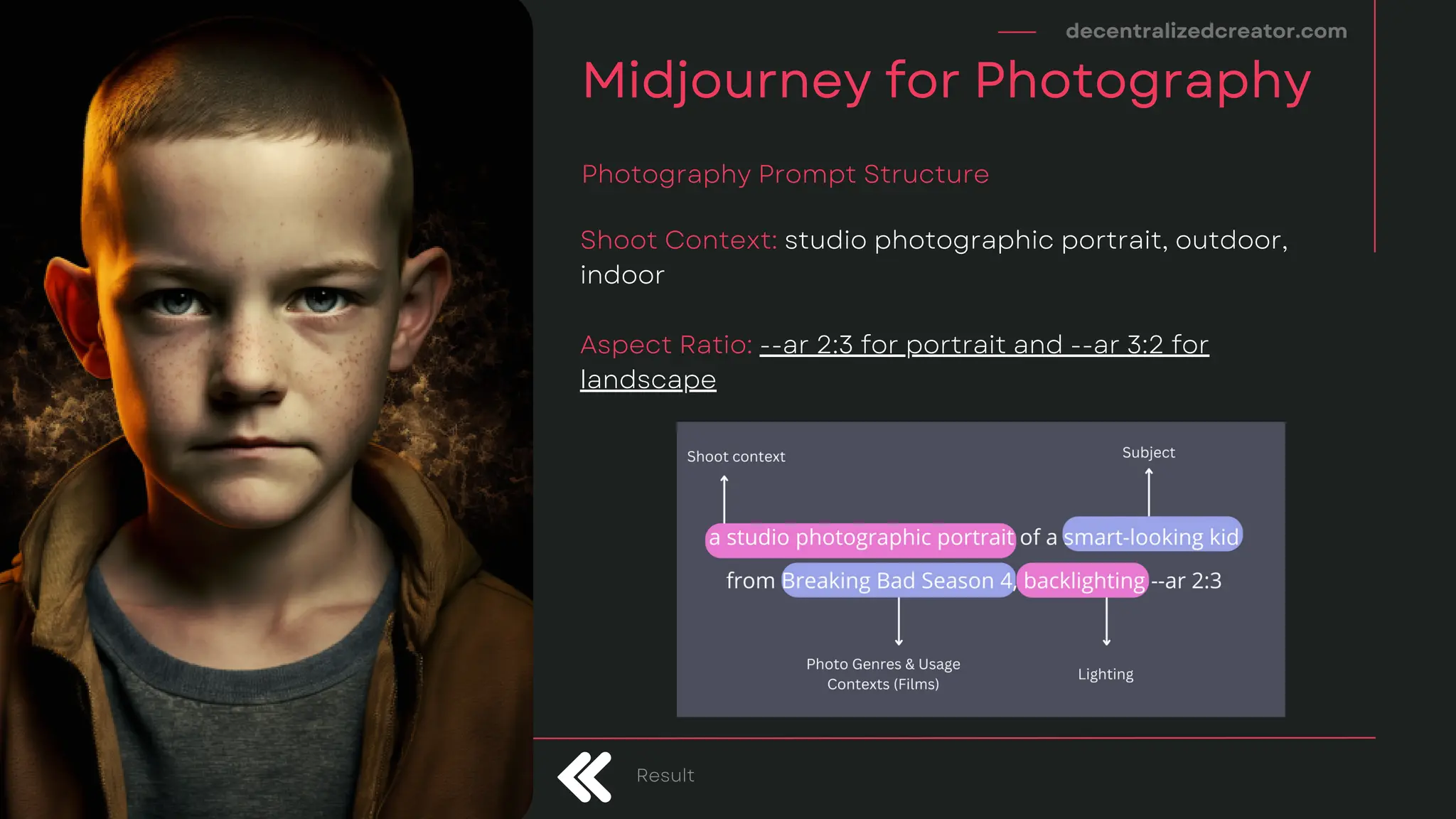 decentralizedcreator.com
Midjourney for Photography
Photography Prompt Structure
Shoot Context: studio photographic portrait, outdoor,
indoor
Aspect Ratio: --ar 2:3 for portrait and --ar 3:2 for
landscape
Result
 