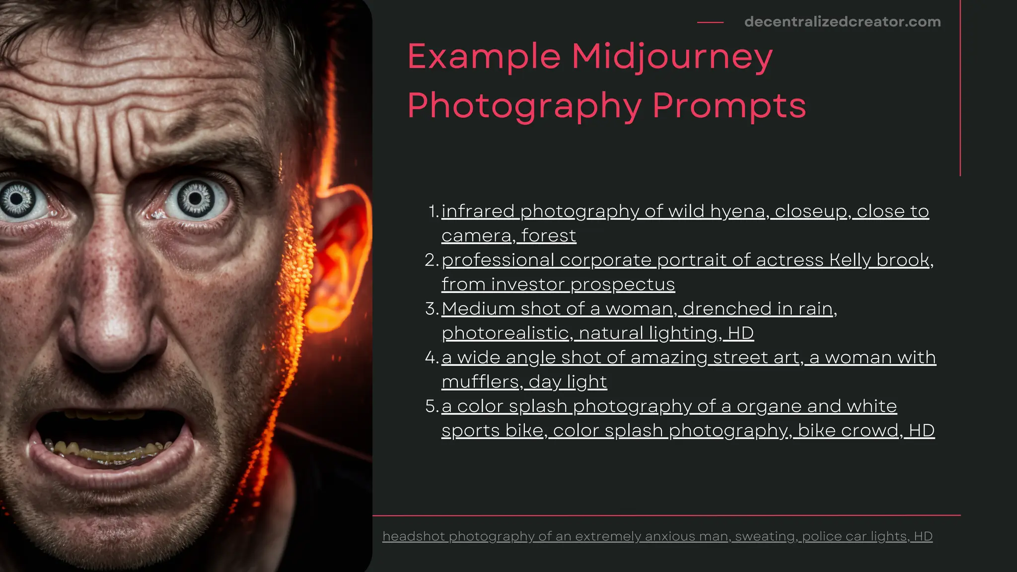decentralizedcreator.com
Example Midjourney
Photography Prompts
infrared photography of wild hyena, closeup, close to
camera, forest
professional corporate portrait of actress Kelly brook,
from investor prospectus
Medium shot of a woman, drenched in rain,
photorealistic, natural lighting, HD
a wide angle shot of amazing street art, a woman with
mufflers, day light
a color splash photography of a organe and white
sports bike, color splash photography, bike crowd, HD
1.
2.
3.
4.
5.
headshot photography of an extremely anxious man, sweating, police car lights, HD
 