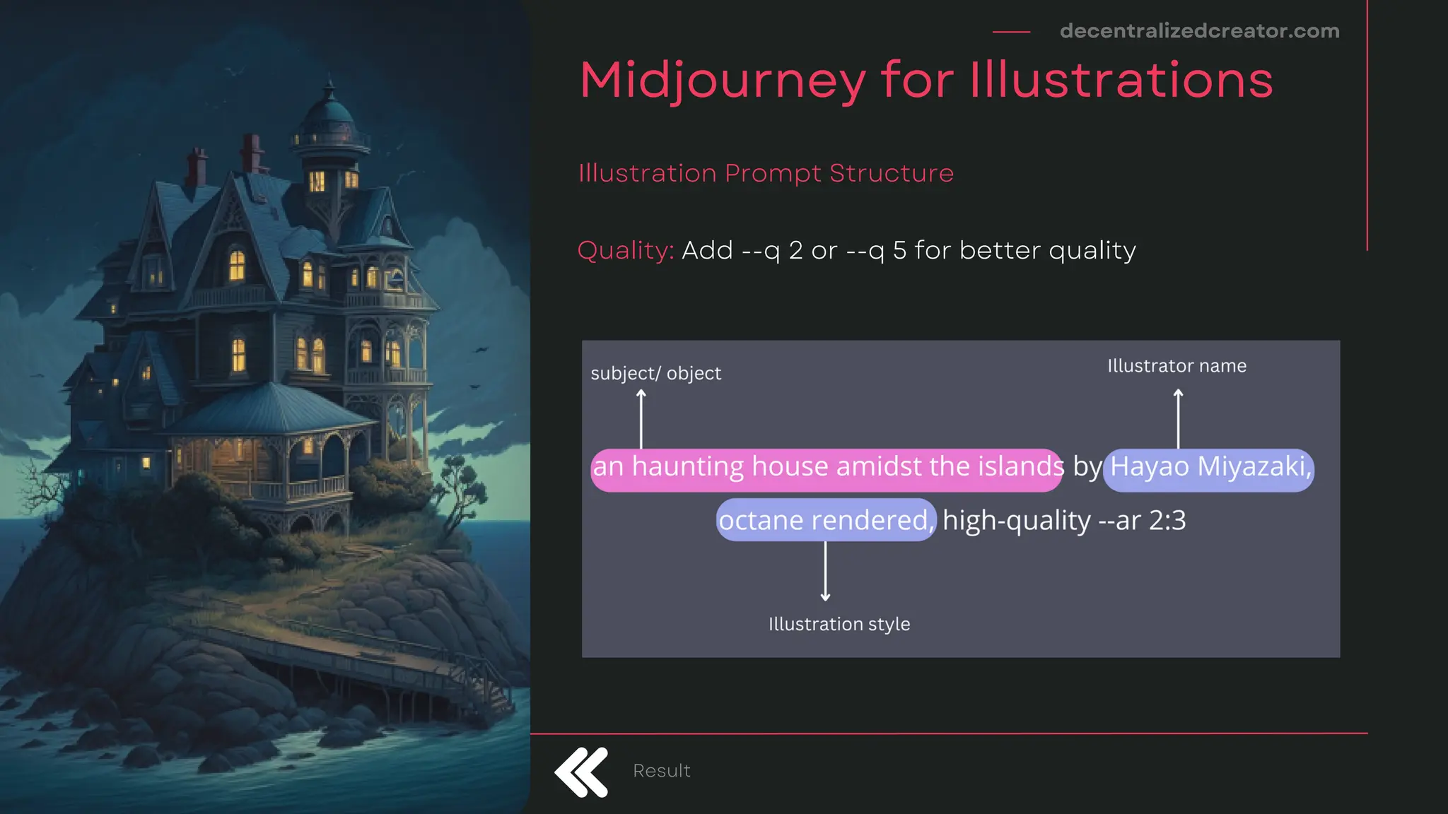 decentralizedcreator.com
Midjourney for Illustrations
Illustration Prompt Structure
Result
Quality: Add --q 2 or --q 5 for better quality
 